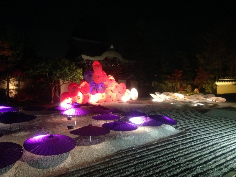 A Japanese umbrella light display beautifully illuminates the rock garden